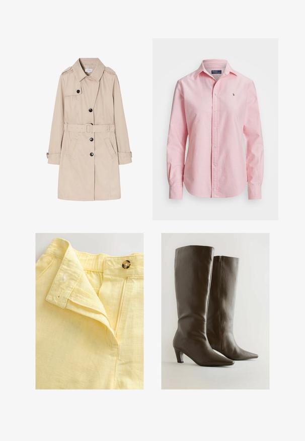 Beige trenchcoat lavet af let stof, med en dobbeltradet front, sorte knapper, aftageligt bælte og sidelommer.; Lys pink bomulds skjorte med lange ærmer, krave og et lille broderet logo på brystet. Har en lige kant og knaplukning.; Lysegule linnedbukser med en flad taljebånd, en knappelukning og en skjult lynlås. Har en subtil tekstur og pæn syning.; Brune knæhøje læderstøvler med sidelås og lave, tilspidsede hæle på en neutral baggrund.