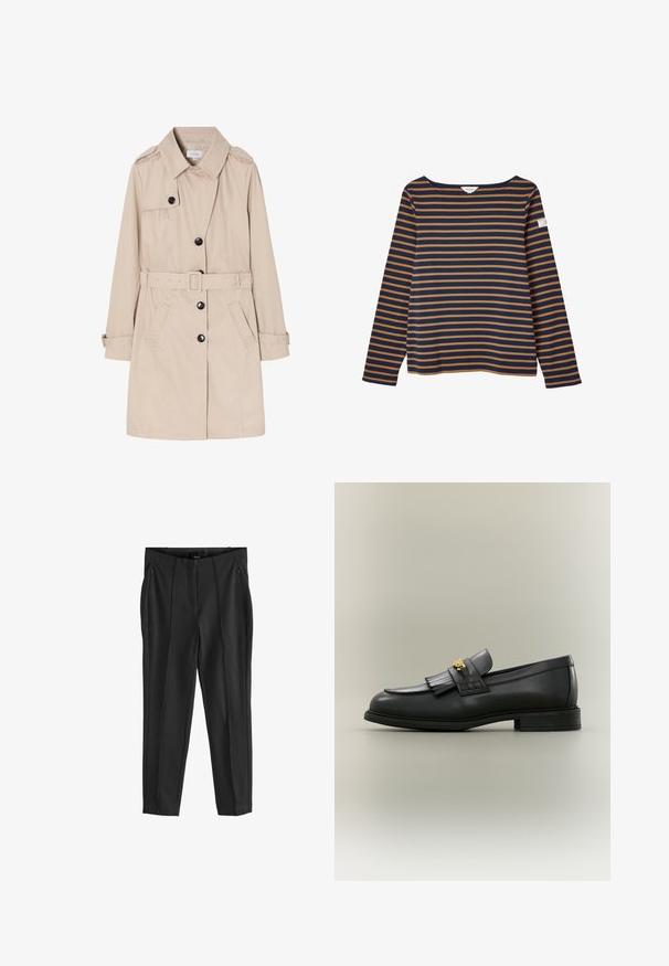Trench beige hecho de tela ligera, con un frente de doble botonadura, botones negros, cinturón desmontable y bolsillos laterales.; Camiseta de manga larga con rayas horizontales en azul marino y marrón, con escote barco y pequeña etiqueta de tela en la manga izquierda.; Pantalones ajustados negros con una textura suave, que cuentan con dos bolsillos frontales con cremallera y pliegues en la parte frontal para un diseño estructurado.; Mocasín de cuero negro con detalle de flecos y emblema dorado sobre un fondo neutro, visto de lado.