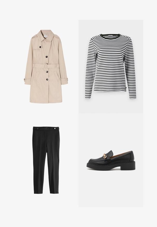 Beige trenchcoat lavet af let stof, med en dobbeltradet front, sorte knapper, aftageligt bælte og sidelommer.; Langærmet skjorte i sort og hvid stribet design med en rund, grøn halsudskæring. Blødt stof med normal pasform og lige søm.; Sorte skræddersyede bukser med en glat tekstur, der har to frontlommer og en talje med to runde sorte knapper.; Sort læderloafer med en kraftig platformsål, der har et guldbelagt kædeaccent og synlige sømdetaljer. Glat tekstur og strømlinet design.