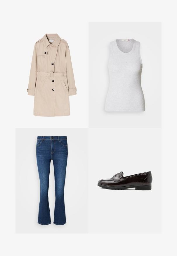 Manteau trench beige en tissu léger, avec un devant à double boutonnage, des boutons noirs, une ceinture amovible et des poches latérales.; Débardeur à côtes gris clair avec un col rond et sans manches. Présente un design ajusté et un logo discret près du centre. Texture douce.; Jean en denim bleu évasés avec une taille haute, comportant cinq poches, une fermeture à bouton et des coutures contrastées le long des coutures.; Mocassin en cuir brun foncé brillant avec un petit talon, un bout arrondi et un détail de bride sur le dessus, présenté en profil latéral sur fond blanc.