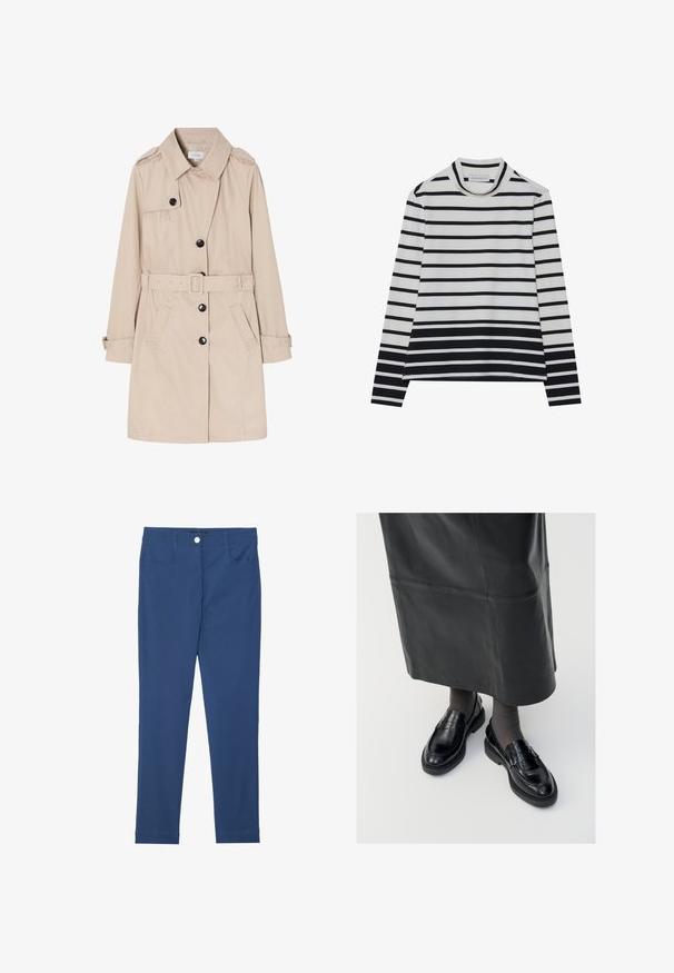 Beige trenchcoat lavet af let stof, med en dobbeltradet front, sorte knapper, aftageligt bælte og sidelommer.; Langærmet bluse lavet af bomuld, med vandrette sorte og hvide striber, en høj mock neck og en afslappet pasform med sidesplits.; Blå slim-fit bukser lavet af bomuldsblanding, med en forreste knap, lynlås, to lommer og en ren, glat tekstur.; Sorte læder loafers med en glat finish, prydet med en dekorativ rem, rund tå og tekstureret sål. Båret med en lang sort læderskirt.
