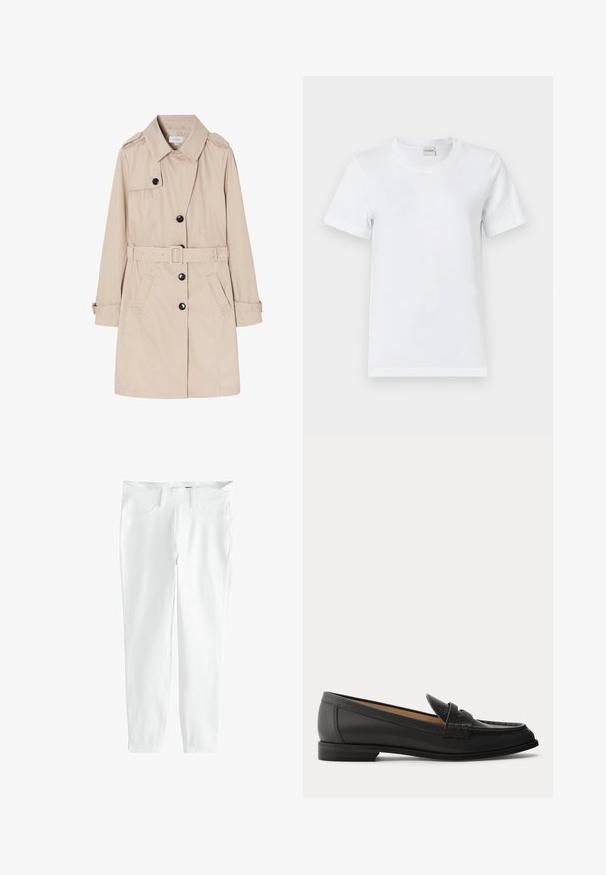 Beige trenchcoat lavet af let stof, med en dobbeltradet front, sorte knapper, aftageligt bælte og sidelommer.; Hvid bomulds T-shirt med rund halsudskæring, korte ærmer, lige kant og en glat tekstur. Ingen mønstre eller yderligere hardware.; Hvide tætsiddende bukser med forlommer og bæltestropper, vist fladt på en hvid baggrund.; Sort dames loafer i læder med lav hæl, rundet tå og syninger på overdelen, vist fra siden på en ensfarvet baggrund.