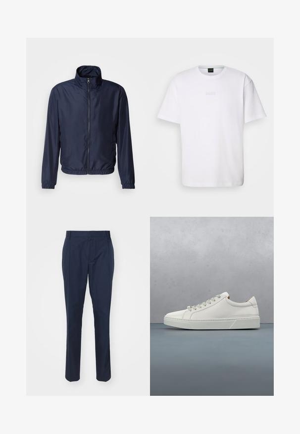 Marineblå letvægtsjakke med ståkrave, lynlås foran, elastiske manchetter og kant; glat tekstur, minimalistisk design.; Hvid bomulds T-shirt med korte ærmer, rund halsudskæring og præget "BOSS" logo på brystet. Glat tekstur, standard pasform.; Marineblå bukser lavet af glat stof, med en skræddersyet pasform, to frontlommer og en plet på hver ben for et poleret udseende.; Hvid lædersneaker med rund tå, minimalistisk design, grå snørebånd og en tekstureret grå gummisål. Subtile syningsdetaljer er synlige.