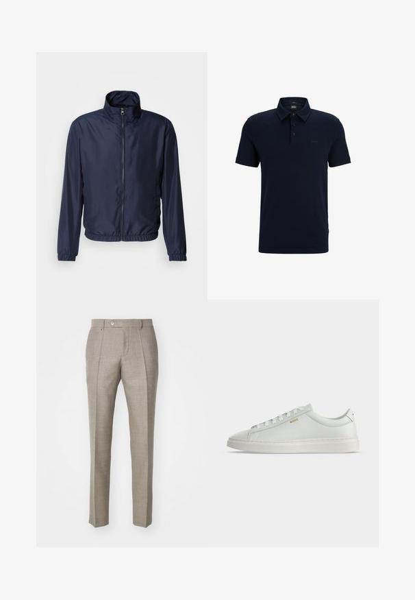 Marineblå letvægtsjakke med ståkrave, lynlås foran, elastiske manchetter og kant; glat tekstur, minimalistisk design.; Mørkeblå polo skjorte lavet af bomuld, med en foldet krave, tre-knap lukning og et diskret logo på venstre bryst. Korte ærmer.; Beige skræddersyede bukser med en tekstureret overflade, der har en knaplukning og to sidelommer. Struktureret design med et lige ben-silhuet.; Hvid lavtop lædersneakers med snørebånd, flad sål og lille gyldent "BOSS" logo på siden, set fra ydersiden.
