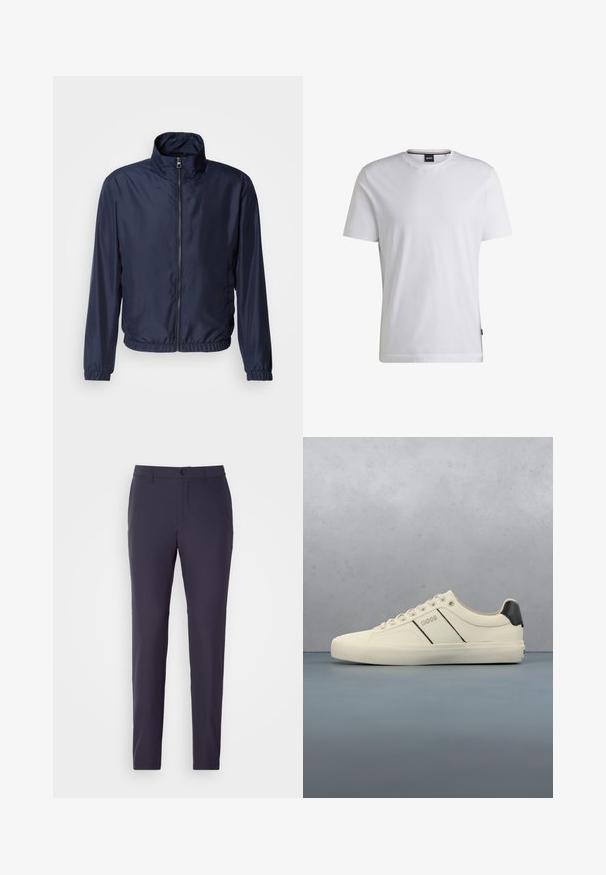 Marineblaue leichte Jacke mit Stehkragen, Reißverschluss vorne, elastischen Bündchen und Saum; glatte Textur, minimalistisches Design.; Weißes T-Shirt mit kurzen Ärmeln aus Baumwolle. Besitzt einen Rundhalsausschnitt und ein dezentes Markenlabel an der Seite. Glatte Textur und einfaches Design.; Marineblaue Hose mit geradem Schnitt, aus einem glatten Stoff gefertigt. Verfügt über einen Knopfverschluss, seitliche Taschen und ein flaches Frontdesign.; Cremfarbene Sneaker mit glatter Oberfläche, die schwarze Akzente und Markenlogo aufweisen. Klassisches Schnürdesign mit runder Zehenform und Gummisohle.