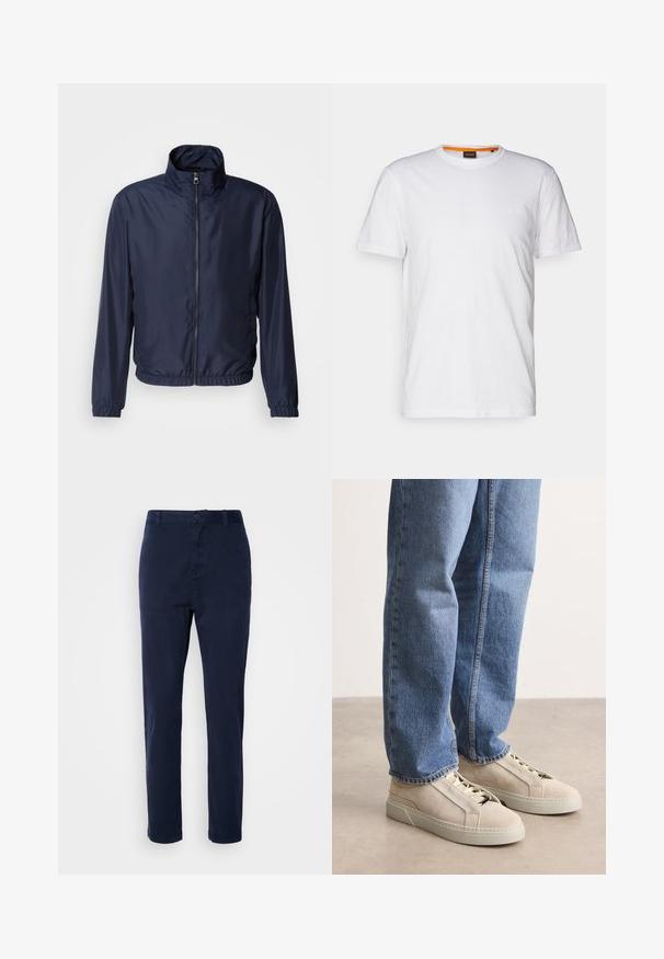 Marineblaue leichte Jacke mit Stehkragen, Reißverschluss vorne, elastischen Bündchen und Saum; glatte Textur, minimalistisches Design.; Weißes Baumwoll-T-Shirt mit Rundhalsausschnitt, kurzen Ärmeln und einem dezenten geprägten Logo auf der Brust. Das Innenschild hat einen orangefarbenen Akzent.; Navyblaue Chinos aus leichtem Stoff, mit geradem Bein, Knopfverschluss und Seitentaschen. Glatte Textur ohne Muster.; BOSS GARYTENN_SDHDEL - Sneaker low - natural ten