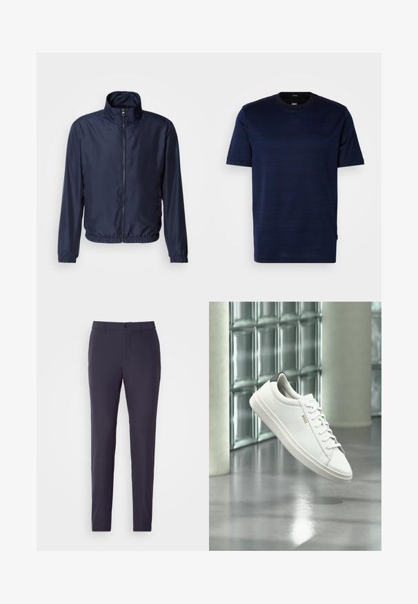 Marineblå letvægtsjakke med ståkrave, lynlås foran, elastiske manchetter og kant; glat tekstur, minimalistisk design.; Kortsleeve navy blå t-shirt i et subtilt stribet mønster med rund hals. Fremstillet af blødt stof, med et lille logoskilt på siden.; Marinebukser med lige snit, lavet af et glat stof. Har en knaplukning, sidelommer og et fladt frontdesign.; Hvid læder lav-top sneaker med snørebånd, sort hælflig og "BOSS"-logo, svævende indendørs nær glasblok væg og poleret gulv.
