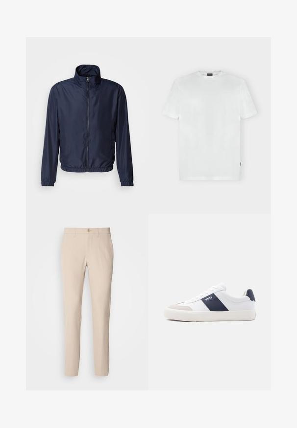 Chaqueta ligera azul marino con cuello alzado, cierre frontal de cremallera, puños elásticos y dobladillo; textura suave, diseño minimalista.; Camiseta blanca de manga corta con cuello redondo, con un logo discreto en el pecho izquierdo y una pequeña etiqueta negra en la costura lateral izquierda.; Pantalones beige hechos de una tela suave, con cierre de botón, corte recto y bolsillos laterales. Textura suave con detalles de costura mínimos.; Zapatilla blanca de corte bajo con raya lateral azul marino, logo "BOSS", puntera beige y suela blanca, mostrada de perfil sobre un fondo claro.