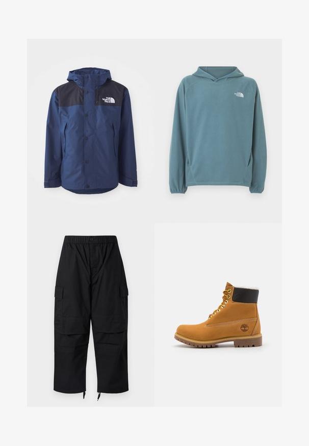 Námornícky modrá nepremokavá bunda s čiernym horným panelom, cvokovými gombíkmi, nastaviteľnou kapucňou a bočnými vreckami. Obsahuje logo značky The North Face.; Modrá fleecová mikina s kapucňou, s klokankovým vreckom, nastaviteľnou šnúrkou na kapucni a elastickými manžetami. Na hrudi je biely logotyp. Hladká textúra.; Čierne cargo nohavice s elastickým pásom, viacerými vreckami a zipsami na členkoch, s voľným a pohodlným strihom.; Hnedé kožené ankle boot s kovovými očkami, bielym kožúškom vo vnútri, čiernym vypolstrovaným golierom, robustnou podrážkou a vyrazeným logom na boku.