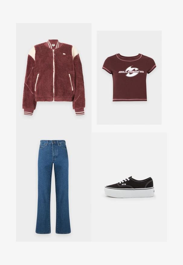 Veste bomber en polaire bordeaux avec accents blancs aux épaules, fermeture éclair devant, poches zippées, et poignets et col côtelés rayés.; T-shirt court rouge foncé avec des coutures roses et un logo graphique blanc portant l'inscription « Billabong » sur la poitrine.; Jean en denim bleu à taille haute, jambes droites et finitions soignées. Comprend cinq poches et des détails de couture subtils.; Baskets en toile noires avec une semelle en caoutchouc blanc, dotées de lacets et de coutures blanches, marquage emblématique sur le côté, design basse.