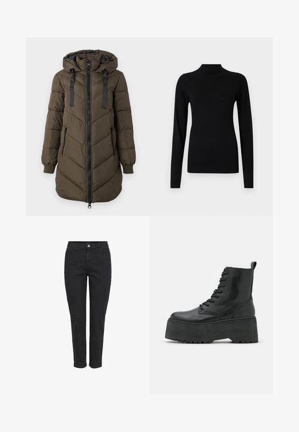 Langer olivgrüner gesteppter Mantel mit Kapuze, schwarzem Frontreißverschluss und Seitentaschen, gerippten Bündchen und schwarzen Kapuzenkordeln.; Schwarzer, enganliegender Rollkragenpullover mit langen Ärmeln, gerippten Bündchen und Saum auf hellgrauem Hintergrund.; Schwarze Jeans aus Denim mit geradem BeinDesign, ausgestattet mit einem vorderen Knopfverschluss, fünf Taschen und einer schlichten, strukturierten Oberfläche.; Schwarze Knöchelstiefel mit einer dicken Plattformsohle, aus glattem Leder gefertigt, mit Schnürdesign und einer Zuglasche hinten.