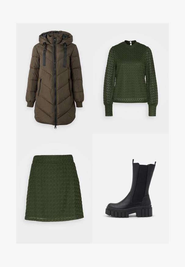 Lange olijfgroene gewatteerde jas met capuchon, zwarte ritssluiting aan de voorkant en zijzakken, geribbelde manchetten en zwarte koordjes aan de capuchon.; ONLY ONLNICE HIGHNECK - Blouse - duffel bag; ONLY ONLNICE SKATER SKIRT - A-lijn rok - duffel bag; Zwarte enkellaars met een combinatie van nepleer en elastische zijpanelen. Chunky plateauzool met verticale groeven voor grip.