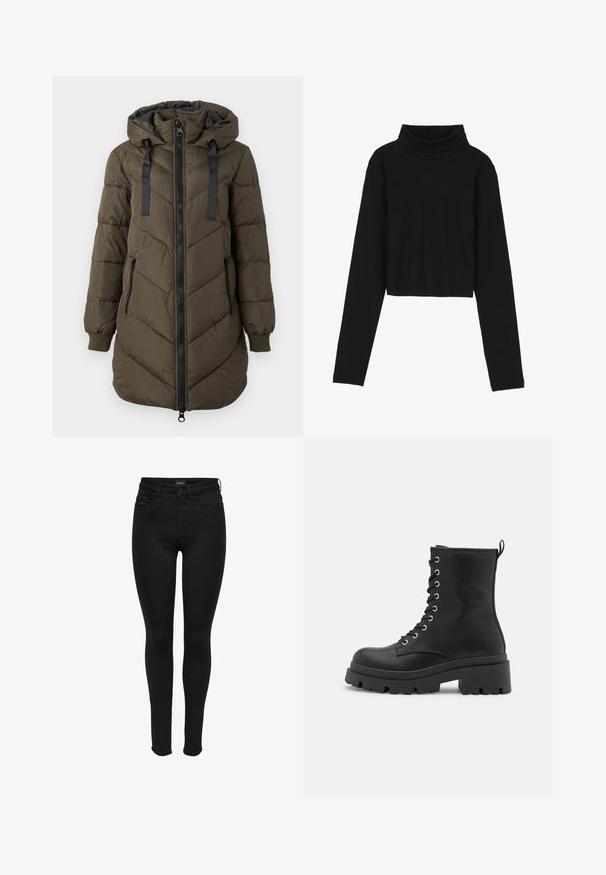 Langer olivgrüner gesteppter Mantel mit Kapuze, schwarzem Frontreißverschluss und Seitentaschen, gerippten Bündchen und schwarzen Kapuzenkordeln.; Even&Odd by Zalando Langarmshirt - black; Schwarze Skinny-Jeans aus Denim mit klassischem Fünf-Taschen-Design, Reißverschluss und einer glatten Textur mit minimalen Nähdetails.; Schwarze Schnürstiefeletten mit einer dicken Sohle, glatter Oberfläche, silberfarbener Hardware und einer Schlaufe auf der Rückseite für ein einfaches Anziehen.
