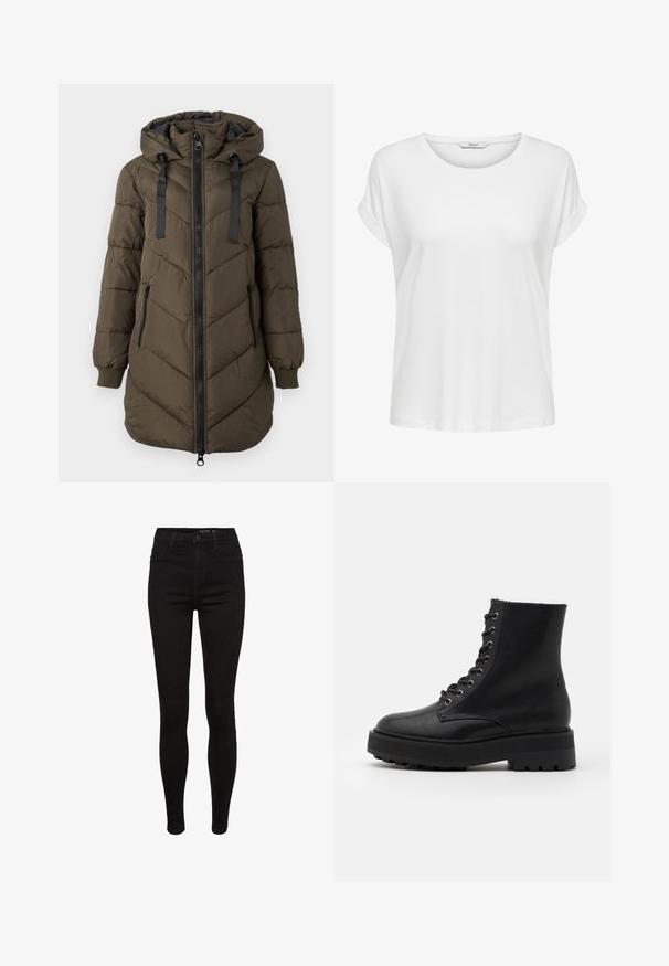 Abrigo largo acolchado de color verde oliva con capucha, cremallera negra en el delantero y bolsillos laterales, puños acanalados y cordones negros en la capucha.; Camiseta blanca de manga corta hecha de algodón suave. Presenta un cuello redondo y puños enrollados. Diseño simple sin patrones ni acentos.; Jeans skinny de denim negro con cintura alta, diseño de cinco bolsillos, pasadores para cinturón y detalles de costura sutiles. Textura suave, forma ajustada.; Botas de cuero negras hasta el tobillo con una puntera redondeada, parte superior texturizada, ojales de metal y una suela de goma gruesa y resistente. Presenta un diseño con cordones.