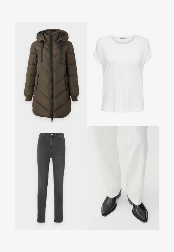 Abrigo largo acolchado de color verde oliva con capucha, cremallera negra en el delantero y bolsillos laterales, puños acanalados y cordones negros en la capucha.; Camiseta blanca de manga corta hecha de algodón suave. Presenta un cuello redondo y puños enrollados. Diseño simple sin patrones ni acentos.; Vaqueros ajustados negros, hechos de denim, con un diseño clásico de cinco bolsillos, cierre de cremallera con botón metálico y un desgastado mínimo.; Botas de tobillo negras con punta afilada y acabado de cuero liso, con tacones bajos y bloque, combinadas con pantalones blancos de pierna ancha. Diseño simple y moderno.