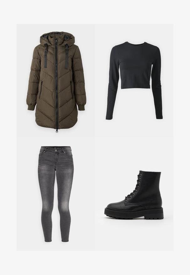 Langer olivgrüner gesteppter Mantel mit Kapuze, schwarzem Frontreißverschluss und Seitentaschen, gerippten Bündchen und schwarzen Kapuzenkordeln.; Schwarzes, cropped Langarmshirt aus weichem, elastischem Material. Es hat einen runden Ausschnitt und enganliegende Ärmel, in einfarbigem Design ohne Muster.; Graue enge Jeans aus Denim mit einem verblassten Finish, ausgestattet mit einem Frontreißverschluss und Knopfverschluss, fünf Taschen und einer figurbetonten Silhouette.; Schwarze Leder-Stiefeletten mit runder Spitze, strukturiertem Obermaterial, Metallösen und einer dicken, robusten Gummisohle. Verfügt über ein Schnürdesign.