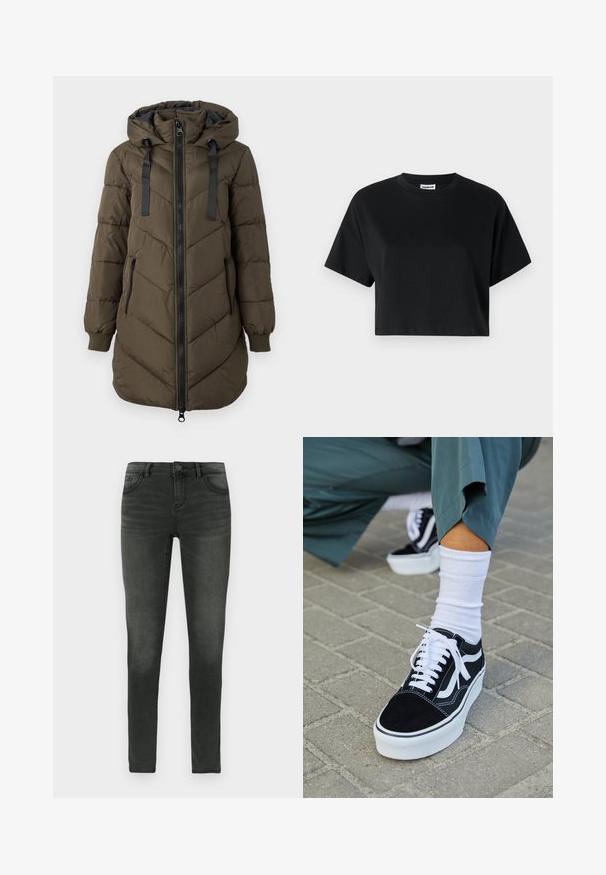 Abrigo largo acolchado de color verde oliva con capucha, cremallera negra en el delantero y bolsillos laterales, puños acanalados y cordones negros en la capucha.; Camiseta corta negra con mangas cortas, cuello redondo, fabricada en suave tela de algodón, con un diseño minimalista y detalles de costura sutiles.; Vaqueros negros ajustados de mezclilla con un acabado ligeramente desgastado, que cuentan con cinco bolsillos, una cintura con botón y pasadores para cinturón.; Zapatillas de ante negro con acentos y cordones blancos, que cuentan con una gruesa suela blanca y costuras en contraste, combinadas con un calcetín blanco.