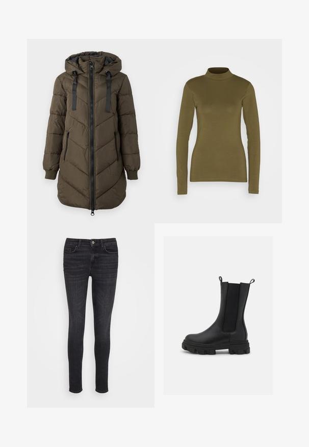 Lange olijfgroene gewatteerde jas met capuchon, zwarte ritssluiting aan de voorkant en zijzakken, geribbelde manchetten en zwarte koordjes aan de capuchon.; JDY Longsleeve - kalamata; ONLY ONLBLUSH MID - Jeans Skinny Fit - washed black; Zwarte Chelsea-boot van leer en elastische stof, met een chunky rubberen zool met opvallend profiel en trek lussen voor gemakkelijk aan- en uittrekken.