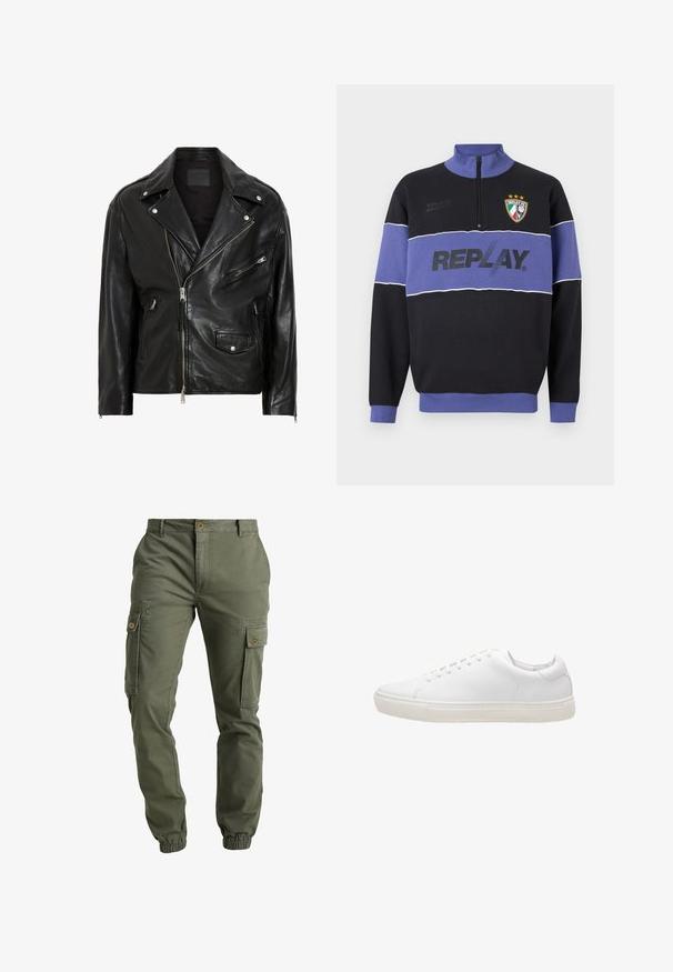 Schwarze Leder-Motorradjacke mit silbernen Reißverschlüssen, Druckknöpfen und mehreren Taschen. Verfügt über einen breiten Kragen und eine taillierte Passform.; Schwarzer und lila Halbreißverschluss-Sweatshirt mit "REPLAY"-Logo auf der Brust und dem Replay FC-Wappen mit drei Sternen oben links.; Olivgrüne Cargo-Hosen mit elastischen Bündchen, mehreren Seitentaschen, Knopfverschluss und einem strapazierfähigen Baumwollmaterial. Sanfte Oberfläche.; Weiße Leder-Sneaker mit glatter Textur, runder Zehenpartie, Schnürverschluss und flacher Gummisohle. Minimalistisches Design ohne sichtbare Muster.