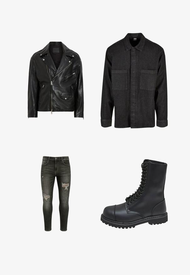 Schwarze Leder-Motorradjacke mit silbernen Reißverschlüssen, Druckknöpfen und mehreren Taschen. Verfügt über einen breiten Kragen und eine taillierte Passform.; Schwarze Denim-Hemd mit Kragen, vorderen Knopfverschluss und zwei Brusttaschen. Verfügt über lange Ärmel mit geknöpften Manschetten und einer einheitlichen Textur.; Schwarze enge Jeans mit Rissen an den Oberschenkeln, mittlerer Waschung, klassisches Fünf-Taschen-Design und Metallknopfverschluss.; Schwarze Lederkampfstiefel mit hohem Schaft, Schnürung an der Vorderseite, gepolstertem Kragen und rutschfester, strukturierter Sohle für guten Halt. Mit verstärkter Zehenkappe.