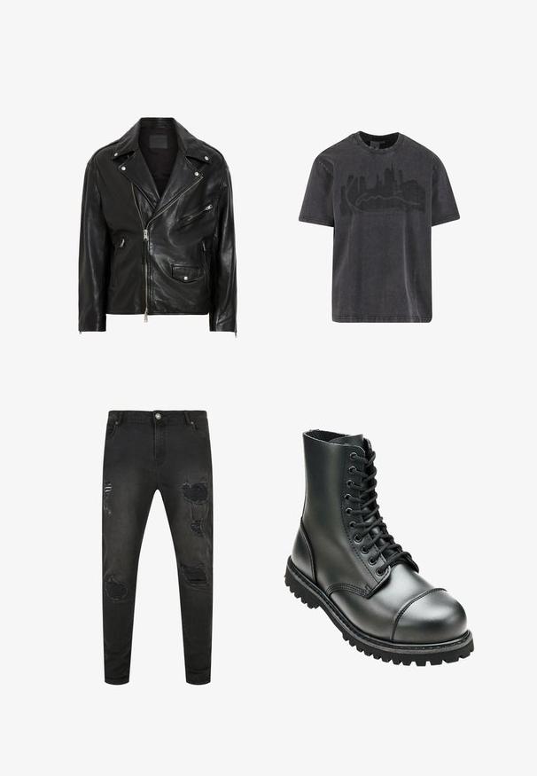 Schwarze Leder-Motorradjacke mit silbernen Reißverschlüssen, Druckknöpfen und mehreren Taschen. Verfügt über einen breiten Kragen und eine taillierte Passform.; Schwarzes Baumwoll-T-Shirt mit Rundhalsausschnitt und kurzen Ärmeln, mit einem verwaschenen Skyline-Grafik in Dunkelgrau auf der Brust.; Schwarze Denim-Jeans im Slim Fit, mit distressten Details, Rissen und verblassten Bereichen. Klassisches Fünf-Taschen-Design mit Metallknopfverschluss.; Schwarze Lederkampfstiefel mit hohem Knöchel, runder Zehenpartie, Schnürung vorne und robustem Gummisohle mit tiefem Profil für besseren Grip.