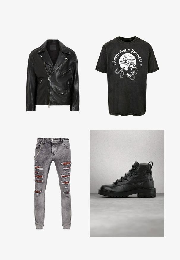 Schwarze Leder-Motorradjacke mit silbernen Reißverschlüssen, Druckknöpfen und mehreren Taschen. Verfügt über einen breiten Kragen und eine taillierte Passform.; Schwarzes Baumwoll-T-Shirt mit kurzen Ärmeln, das eine Grafik eines Panthers und den Text „South Philly Panthers“ mit einem Baseball-Design zeigt.; Graue, stark abgenutzte Jeans mit mehreren Rissen, die darunter liegenden rot-schwarz karierten Stoff offenbaren. Mit seitlichem Kettendetail und schmal zulaufendem Schnitt.; Schwarze Leder-Stiefeletten mit strukturiertem Obermaterial, sechs Ösen und einer robusten Sohle. Mit einer Fersenschlaufe für einfaches An- und Ausziehen.