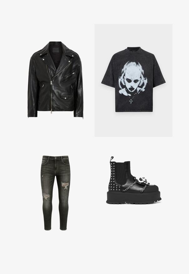 Must kollane nahktagi hõbedaste lukudega, nööbiga ja mitme taskuga. Omab laia kraed ja kitsast lõiget.; Must oversized T-särk valge graafikaga kiilaspäisest inimesest, tumedate silmadega, huulepulgaga, augustustega ja ristikujulise ripatsiga kaelakeega.; Mustad skinny teksad, millel on reites rebendid, keskmine pesu, klassikaline viie tasku disain ja metallnööp.; Must musta ja hõbedaste nukkide, kettide detailide ning valge kolju kaunistusega esipanal.