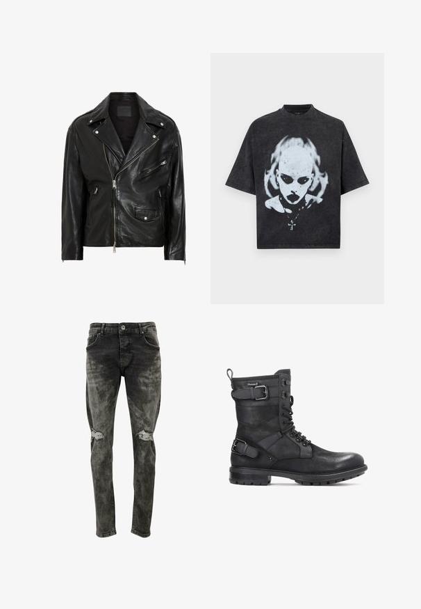 Zwarte leren motorjack met zilveren ritsen, drukknoopsluitingen en meerdere zakken. Het heeft een brede kraag en een getailleerde snit.; Zwart oversized T-shirt met een wit grafisch ontwerp van een kale persoon met donkere ogen, lippenstift, piercings en een ketting met een kruisje.; Slim-fit, vervaagd zwarte jeans van denim met versleten knieën. Bevat standaardzakken en een knoopsluiting.; Kazar HEARD - Cowboy-/Bikerlaarsjes - black