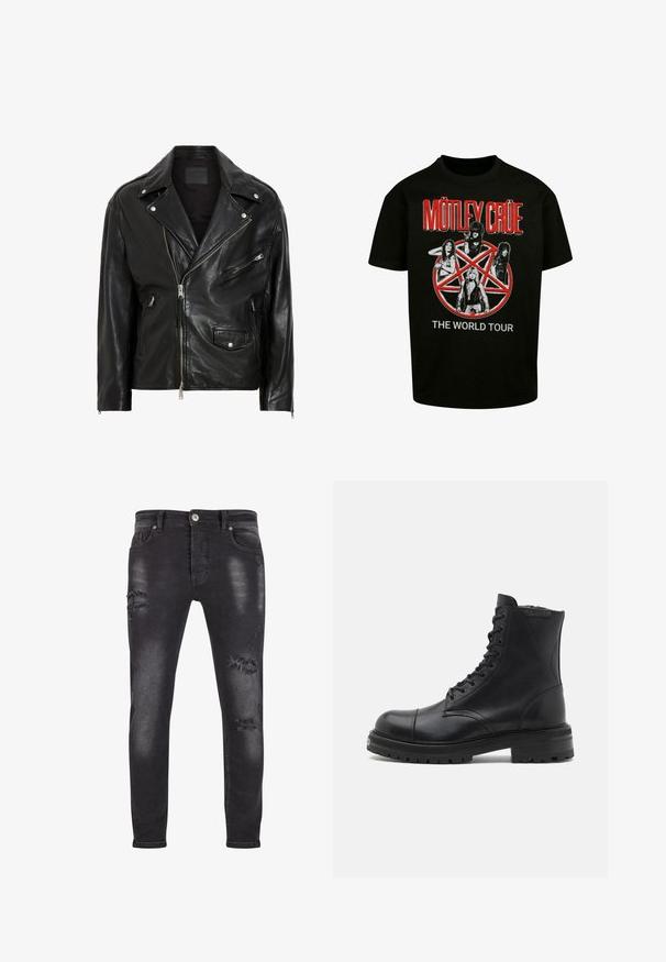 Sort lædermotorcykeljakke med sølvfarvede lynlåse, trykknapper og flere lommer. Har en bred krave og en tætsiddende pasform.; Sort bomulds t-shirt med et centralt grafisk motiv af fire figurer og et rødt pentagram, med teksten "MÖTLEY CRÜE" og "THE WORLD TOUR".; Sorte denim jeans med slim fit, der har slidte detaljer og frynsede lapper, lys falmning, samt standard knap- og lynlåslukning.; AllSaints HANK - Snørestøvletter - black