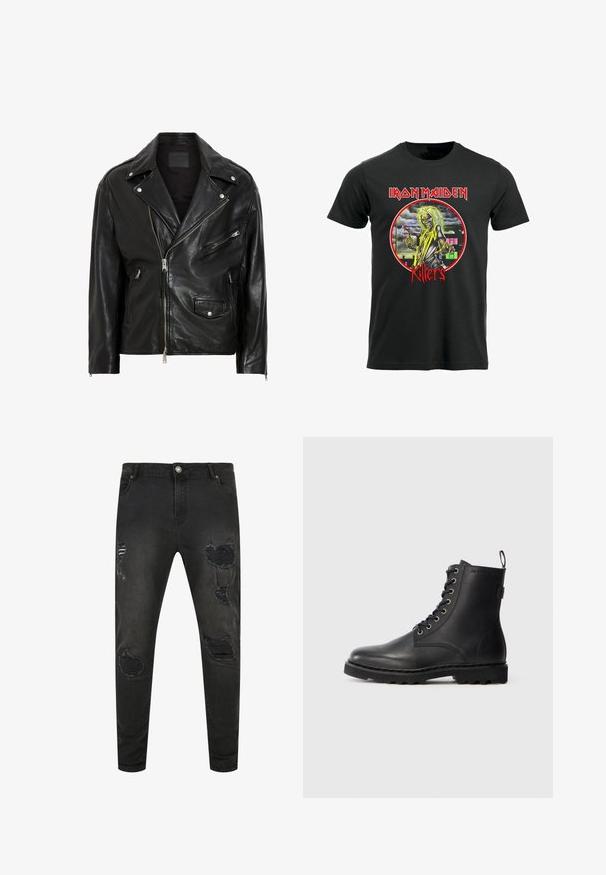 Schwarze Leder-Motorradjacke mit silbernen Reißverschlüssen, Druckknöpfen und mehreren Taschen. Verfügt über einen breiten Kragen und eine taillierte Passform.; Schwarzes Baumwoll-T-Shirt mit einer bunten Grafik eines Charakters mit langen gelben Haaren, der eine Waffe hält, umrahmt von den Texten "Iron Maiden" und "Killers".; Schwarze Denim-Jeans im Slim Fit, mit distressten Details, Rissen und verblassten Bereichen. Klassisches Fünf-Taschen-Design mit Metallknopfverschluss.; Schwarze Lederstiefelette mit runder Zehenform, Schnürdesign und Metallösen. Verfügt über eine strukturierte Sohle und einen Zuglasche an der Ferse für einfachen Einstieg.