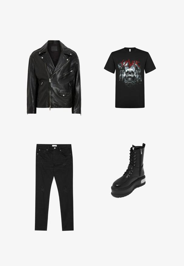 Sort lædermotorcykeljakke med sølvfarvede lynlåse, trykknapper og flere lommer. Har en bred krave og en tætsiddende pasform.; Sort T-shirt med rød "Slayer" tekst, med et gotisk design med en kranium, katedral tårne og et pentagram symbol.; Sorte slim-fit jeans med subtile slidte pletter, metalknap, forlommer og et Pier One-mærke i taljen.; Sort faux læder kampstøvle med en chunky platform, der har snørebånd fortil, lynlås lukning og metallisk detalje på hælen.