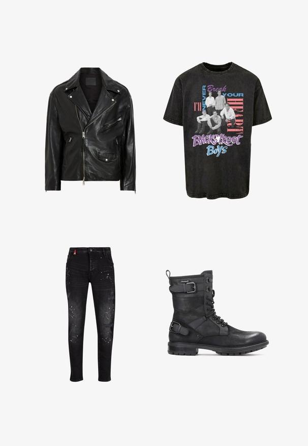 Schwarze Leder-Motorradjacke mit silbernen Reißverschlüssen, Druckknöpfen und mehreren Taschen. Verfügt über einen breiten Kragen und eine taillierte Passform.; Schwarzes Baumwoll-T-Shirt mit einem grafischen Druck von fünf sitzenden Figuren und dem Text "Ich werde dein Herz niemals brechen" sowie "Backstreet Boys" in kräftigen Farben.; Schwarze Jeans aus Denim mit zerstörten Patches, weißen Farbspritzern, Reißverschluss und slim-fit Design.; Kazar HEARD - Cowboy-/Bikerstiefelette - black