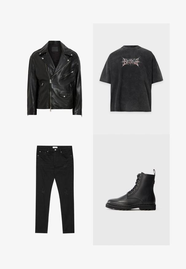 Zwarte leren motorjack met zilveren ritsen, drukknoopsluitingen en meerdere zakken. Het heeft een brede kraag en een getailleerde snit.; Zwart oversized T-shirt met vervaagde textuur en gestileerde witte en rode tekst "Fadella" gecentreerd aan de voorkant.; Zwarte slim-fit jeans met subtiele vervaagde patches, metalen knoop, voorkezen en een Pier One-label op de tailleband.; Zwarte leren enkellaars met ronde neus, vetersluiting en metalen oogjes. Beschikt over een gestructureerde zool en een trekstrip aan de hiel voor gemakkelijk aan- en uittrekken.
