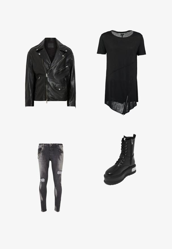 Schwarze Leder-Motorradjacke mit silbernen Reißverschlüssen, Druckknöpfen und mehreren Taschen. Verfügt über einen breiten Kragen und eine taillierte Passform.; Schwarzes T-Shirt mit kurzen Ärmeln und Rundhalsausschnitt, asymmetrischem Saum, transparenter Textur und seitlichem Reißverschluss. Weicher, leichter Stoff.; Schwarze, distressed Skinny-Jeans mit ausgefransten Knieausschnitten und einem silbernen Kettendetail auf der vorderen Tasche. Verwischte Waschung mit glatter Textur.; Schwarze Kunstleder-Kampfstiefel mit einer dicken Plattform, ausgestattet mit Schnürung, Reißverschluss und metallic Akzent an der Ferse.