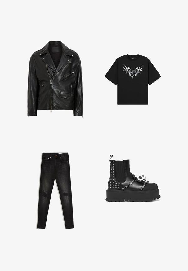 Sort lædermotorcykeljakke med sølvfarvede lynlåse, trykknapper og flere lommer. Har en bred krave og en tætsiddende pasform.; Sort T-shirt med korte ærmer, med hvid spidset tribal hjerte design og stiliseret tekst "Favela" i midten foran.; Sorte skinny jeans med slidte pletter på begge knæ, fem-lomme stil og kobbernitter, lagt fladt på hvid baggrund.; Sort platformstøvle med sølvnitter, kædedetaljer og en hvid kranie dekoration på frontpanelet.