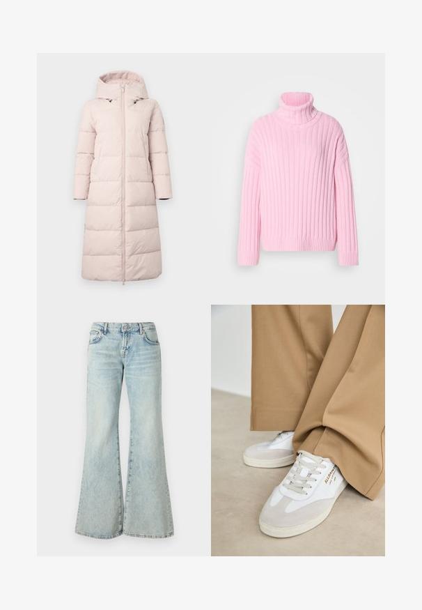 Manteau rembourré rose clair avec capuche, présentant une fermeture éclair à l'avant, des manches longues et un motif matelassé horizontal. Inclut des poches latérales.; Pull à col roulé côtelé rose avec manches longues et coupe décontractée. Confectionné en maille douce, offrant une texture légère.; Jeans évasés bleu clair en denim, avec une taille haute, des poches et des ourlets effilochés. Le tissu présente un délavage usé et une texture subtile.; Baskets blanches avec des accents en daim, des lacets texturés et une semelle en caoutchouc. Associées à un pantalon beige ample. Logo affiché sur le côté.