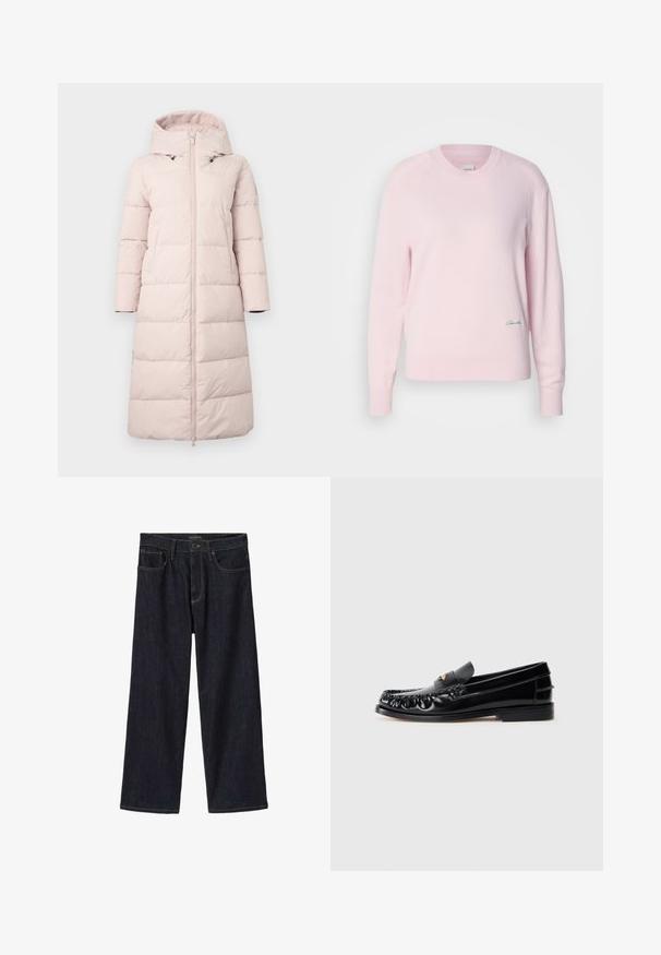 Manteau rembourré rose clair avec capuche, présentant une fermeture éclair à l'avant, des manches longues et un motif matelassé horizontal. Inclut des poches latérales.; Pull en rose clair en tricot doux. Il présente un col rond et des manches longues, avec un petit logo vert sur le bas à gauche.; Jean large indigo foncé avec fermeture à boutons et zip à l'avant, passant de ceinture et poches avant, présenté sur fond blanc.; Mocassins en cuir noir avec un bout arrondi, des coutures décoratives et un petit accent doré sur le dessus. Semelle en caoutchouc plate, design épuré.