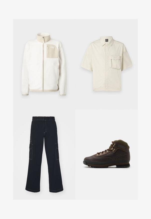 Witte fleece jas met een beige ritszak, hoge kraag en een subtiel logo op de borst. Glad textuur met een moderne snit.; Korte mouwen button-up overhemd in lichtbeige, met een borstzakje, een gladde textuur en een klassieke kraag ontwerp.; Zwarte cargo-broek met wijde pijpen, voorzien van twee zijzakken, contrasterende stiksels en een standaard tailleband. Gemaakt van zacht katoen.; Bruine leren wandelschoen met groene stoffen rand. Voorzien van metalen vetershaken, rubberen zool en een gestructureerd profiel voor grip.