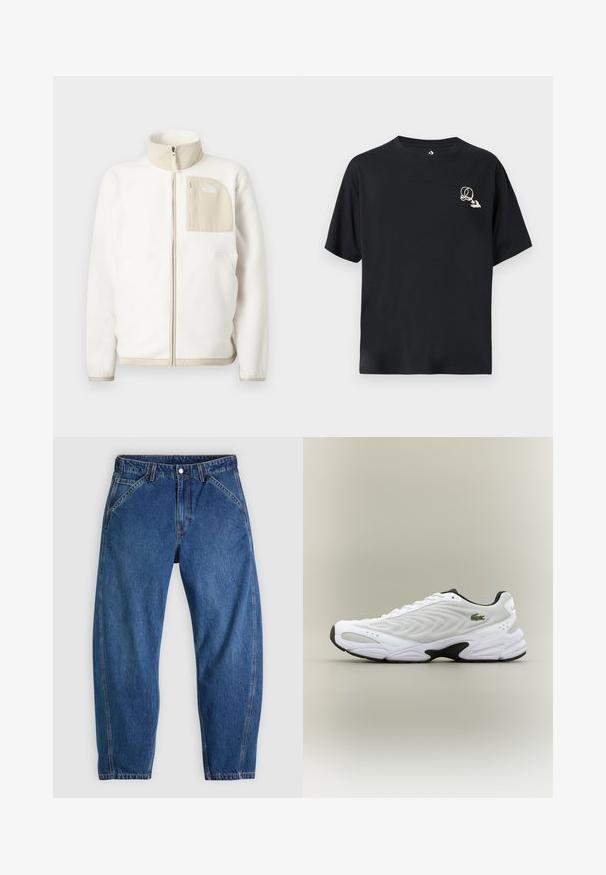 Weiße Fleecejacke mit einer beigen mit Reißverschluss versehenen Tasche, hohem Kragen und einem dezenten Logo auf der Brust. Glatte Textur mit modernem Schnitt.; Schwarzes Baumwoll-T-Shirt mit lockerem Schnitt, kurzen Ärmeln und einem kleinen, kontrastierenden Grafiklogo auf der linken Brust. Klassisches Rundhalsausschnitt-Design.; Blaue Denim-Jeans mit lockerer Passform, ausgestattet mit Knopfverschluss, fünf Taschen und kontrastierenden orangefarbenen Nähten. Durchgehend glatte Textur.; Weißer Sportschuh mit strukturiertem Mesh-Obermaterial, geschwungenem Design und kontrastierender schwarzer Laufsohle. Mit grünem gesticktem Logo an der Seite.