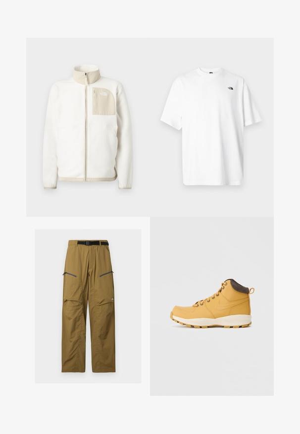 Hvid fleecejakke med en beige lynlås lomme, høj krave og et subtilt logo på brystet. Glat tekstur med et moderne snit.; Hvid bomuld t-shirt med korte ærmer, V-udskæring, med en lille sort logo på øverste venstre side. Blød tekstur, afslappet pasform.; Khaki udendørs bukser med sort justerbart bælte, to lynlåslommer på låret og knæsyninger, vist på en ensfarvet baggrund.; Gul læder høj-top sko med en polstret brun krave, runde snørebånd og en tekstureret gummisål med mønster designet til greb.