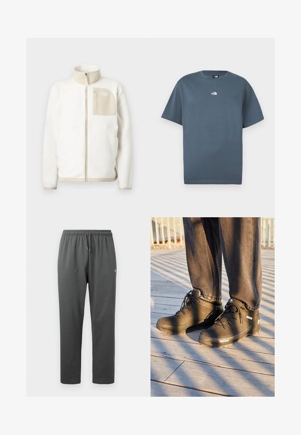 Witte fleece jas met een beige ritszak, hoge kraag en een subtiel logo op de borst. Glad textuur met een moderne snit.; Blauw T-shirt met korte mouwen en een ronde hals, met een klein wit "The North Face" logo in het midden van de borst.; Donkergrijze fleece joggingbroek met elastische tailleband en trekkoord, voorzien van een klein logo op de rechterdij.; Zwarte Timberland wandelschoenen hebben een hoge gloss ontwerpen, een gestructureerd oppervlak en ronde veters, tegen een achtergrond van een houten vloer.