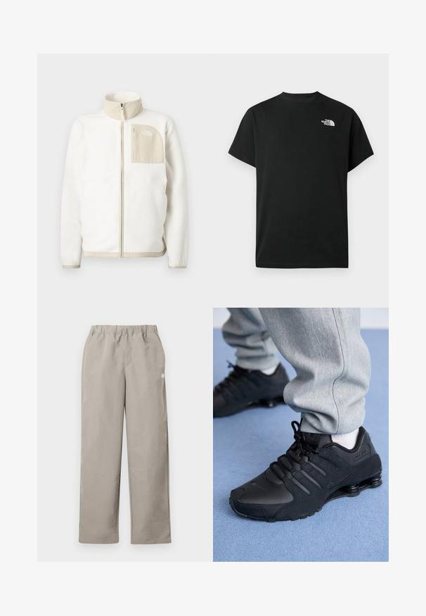 Hvid fleecejakke med en beige lynlås lomme, høj krave og et subtilt logo på brystet. Glat tekstur med et moderne snit.; Sort t-shirt med korte ærmer lavet af bomuld. Har en hvid logo på venstre bryst. Enkelt snit med rund halsudskæring og minimalt design.; Beige bukser med lige ben, elastisk talje og en lille hvid logo på højre sidesøm.; Person iført sorte Nike Shox sneakers og grå joggingbukser, der står på lyseblåt tæppe.
