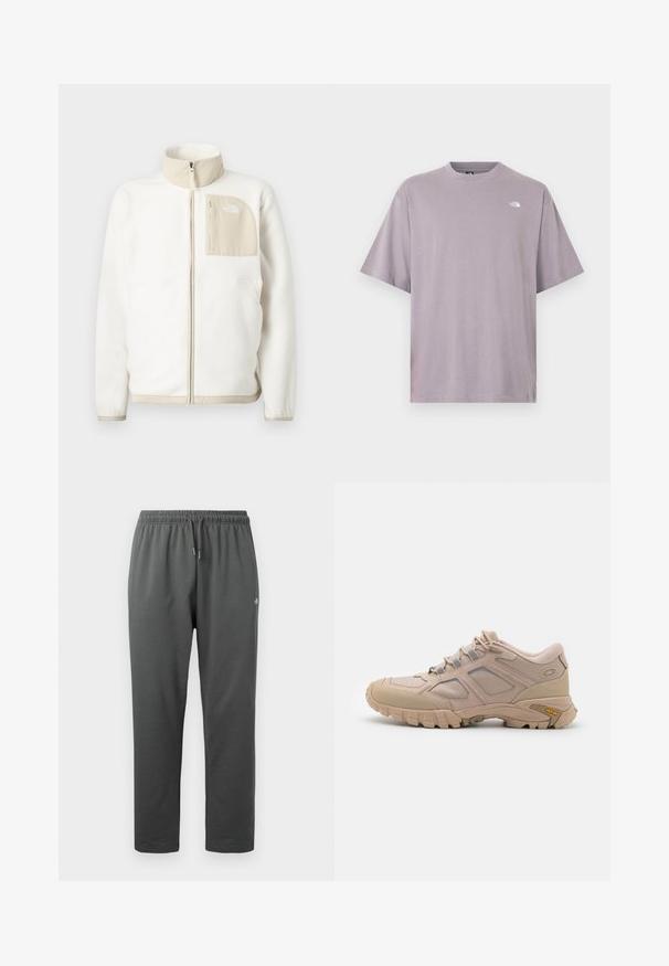 Hvid fleecejakke med en beige lynlås lomme, høj krave og et subtilt logo på brystet. Glat tekstur med et moderne snit.; Kortærmet, rundhalset t-shirt i lyse lilla bomuld med et lille hvidt logo på øverste venstre bryst. Glat tekstur, afslappet pasform.; Mørkegrå fleece-sweatpants med elastisk taljebånd og snor, med en lille logo på højre lår.; Beige sportsko med en tekstureret mesh-overdel, syntetisk overlay og en Vibram-sål. Har snøresystem og detaljer på sidepanelet.