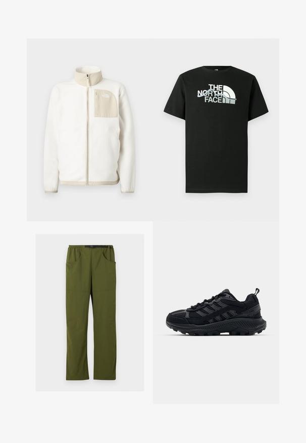 Witte fleece jas met een beige ritszak, hoge kraag en een subtiel logo op de borst. Glad textuur met een moderne snit.; Zwart T-shirt van katoen met een bedrukte logo-ontwerp in wit en grijs, korte mouwen en een ronde hals.; Olijfgroene rechte broek met elastische tailleband en zwarte verstelbare gesp, voor- en zijzakken, detail met naad aan de voorkant.; Zwarte sportieve schoenen met een textuur van gaas en een bovenwerk van suede, verstevigde neus en robuute buitenzool. Voorzien van vetersluiting en aantrekhaak.