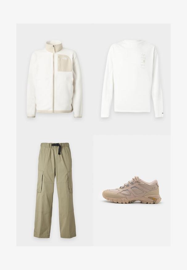 Hvid fleecejakke med en beige lynlås lomme, høj krave og et subtilt logo på brystet. Glat tekstur med et moderne snit.; Langærmet hvid bomulds T-shirt med et lille grafisk print i diskrete farver på venstre bryst og et logo på ærmeskæringen.; Lyse olivengrønne cargo bukser med elastisk talje og bælte, der har to sidelommer og en glat tekstur, designet til komfort og funktionalitet.; Beige sportsko med en tekstureret mesh-overdel, syntetisk overlay og en Vibram-sål. Har snøresystem og detaljer på sidepanelet.