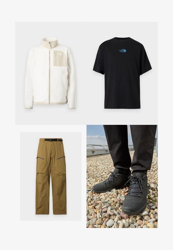 Weiße Fleecejacke mit einer beigen mit Reißverschluss versehenen Tasche, hohem Kragen und einem dezenten Logo auf der Brust. Glatte Textur mit modernem Schnitt.; Schwarzes Baumwoll-T-Shirt mit rundem Ausschnitt und kurzen Ärmeln, mit einem türkisfarbenen "The North Face"-Logo auf der Brust.; Khakifarbene Outdoor-Hose mit schwarzem verstellbarem Gürtel, zwei Reißverschluss-Oberschenkeltaschen und Knie-Nähten, auf einfachem Hintergrund dargestellt.; Schwarze Wanderschuhe aus strukturiertem Leder, mit robusten Schnürsenkeln und einem gepolsterten Knöchelkragen, getragen mit dunklen Hosen auf einem kieseligen Untergrund.