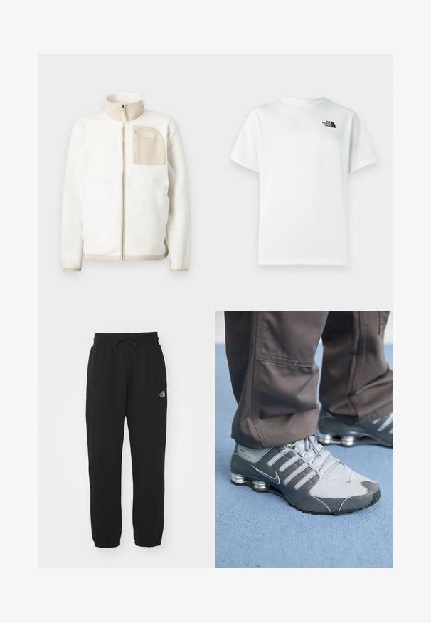 Hvid fleecejakke med en beige lynlås lomme, høj krave og et subtilt logo på brystet. Glat tekstur med et moderne snit.; Hvid bomulds T-shirt med korte ærmer og rund halsudskæring, med en lille sort logo på venstre brystområde. Glat tekstur.; Sorte sweatpants lavet af blødt stof, med en elastisk talje med snor, manchetter ved anklerne og et lille logo på det øverste lår.; Grå og sølv Nike Shox sneakers har et slankt design med mesh og syntetiske materialer, en rund tå og en polstret krave.