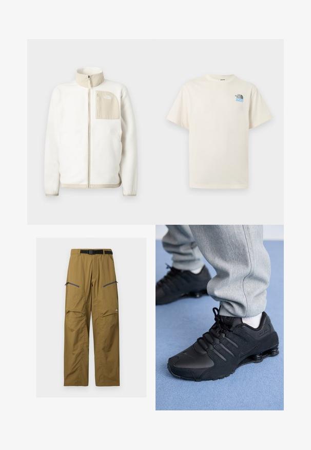 Weiße Fleecejacke mit einer beigen mit Reißverschluss versehenen Tasche, hohem Kragen und einem dezenten Logo auf der Brust. Glatte Textur mit modernem Schnitt.; Off-white T-Shirt mit kurzen Ärmeln, Rundhalsausschnitt und kleinem schwarzen und blauen The North Face-Logo auf der linken Brust.; Khakifarbene Outdoor-Hose mit schwarzem verstellbarem Gürtel, zwei Reißverschluss-Oberschenkeltaschen und Knie-Nähten, auf einfachem Hintergrund dargestellt.; Person in schwarzen Nike Shox Sneakers und grauen Jogginghosen, der auf einem hellblauen Teppich steht.