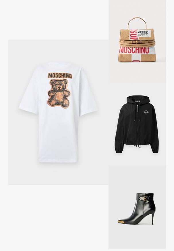 Zwarte windbreakerjas met een trekkoordcapuchon, elastische manchetten en een ritssluiting. Bevat een wit grafisch logo op de borst. Lichtgewicht materiaal.; Witte T-shirt met korte mouwen, voorzien van een grote bruine teddybeer-gezichtsgrafiek en de tekst "MOSCHINO" boven de beer aan de voorkant.; Zwarte enkellaars van glanzend leer met een spits toelopende neus, naaldhak en goudkleurige sierhardware met een decoratieve gespdetail.; Kleine beige handtas met bovenhandvat, dubbele wikkelriem en opvallende rode en witte Moschino-labelprint aan de voorkant en op de klep.