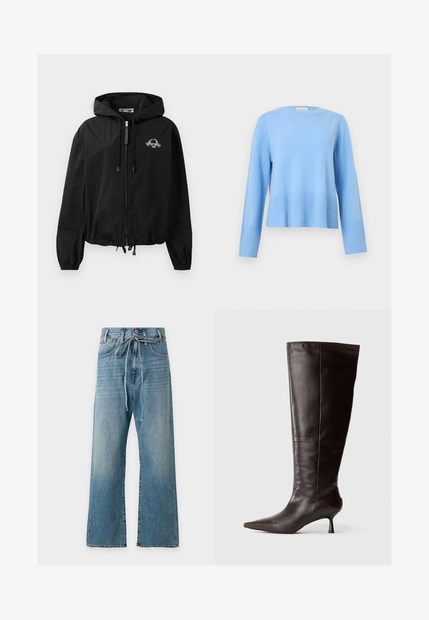 Veste coupe-vent noire avec capuche à cordon de serrage, poignets élastiques et fermeture éclair. Présente un logo graphique blanc sur la poitrine. Matériau léger.; Pull bleu clair à col rond, manches longues avec poignets et ourlet côtelés sur un fond gris uni.; Jean en denim bleu taille haute avec jambes larges et ceinture en tissu nouée à la taille, présenté sur un fond clair uni.; Botte en cuir marron, hauteur genou, avec un bout pointu et un talon fin. Texture lisse et design élégant, arborant une silhouette minimaliste.